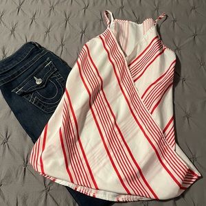❤️Red and White💋 Striped Spaghetti Strapped Wrap Blouse Sleeveless Tank Top